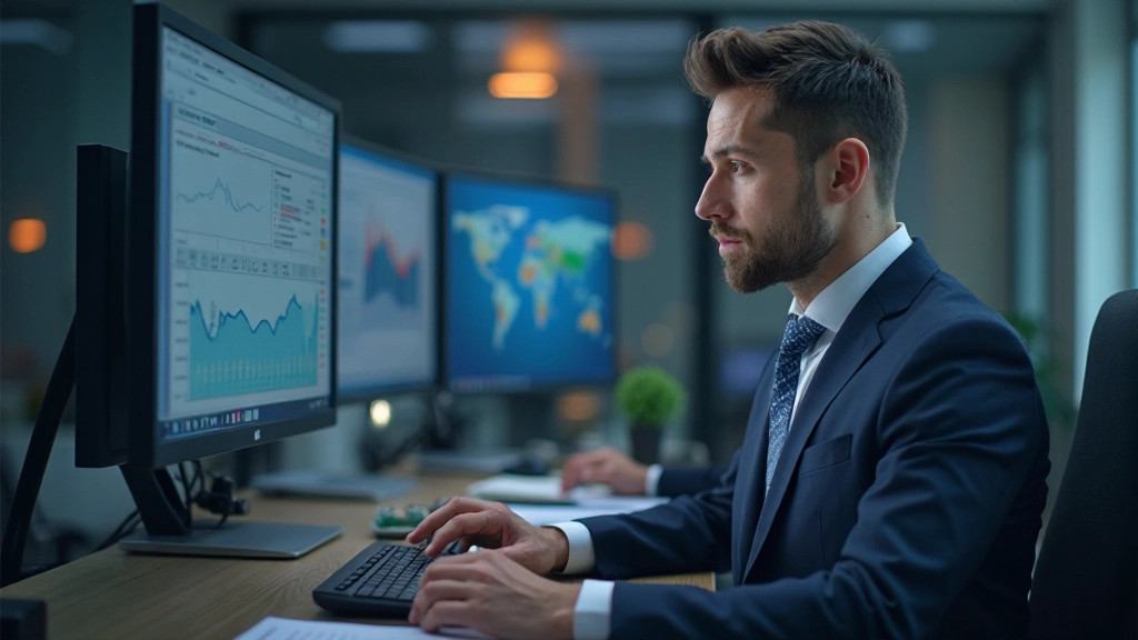 Инвестор анализирует портфель акций на мониторе
