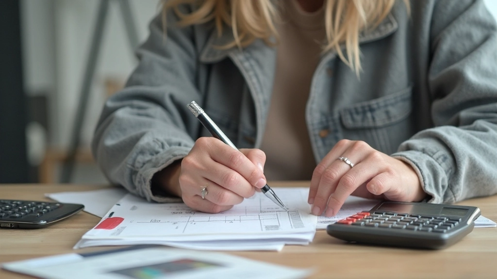 Человек ведет записи расходов в блокноте с калькулятором