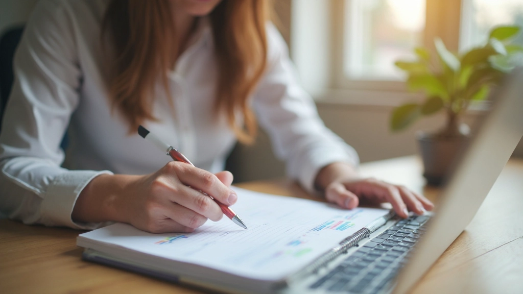 Фото человека, заполняющего таблицу планирования расходов на рабочем столе